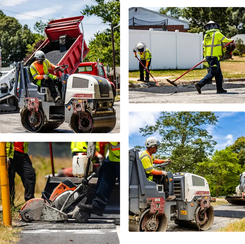 collage of pave america employees working on asphalt projects