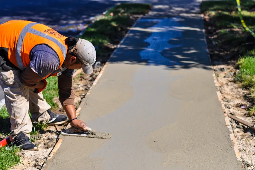 Eosso Brothers Paving employee smoothing concrete.